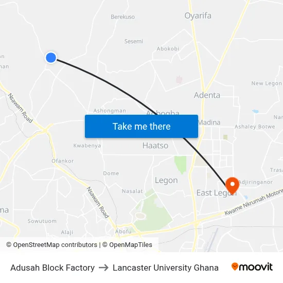 Adusah Block Factory to Lancaster University Ghana map