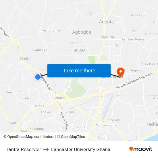 Tantra Reservoir to Lancaster University Ghana map