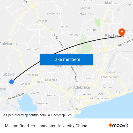 Mallam Road to Lancaster University Ghana map