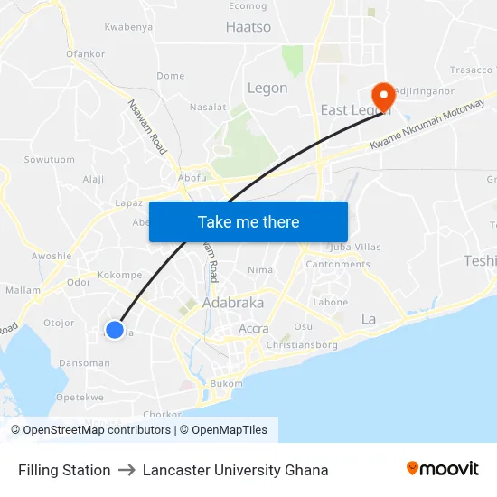 Filling Station to Lancaster University Ghana map