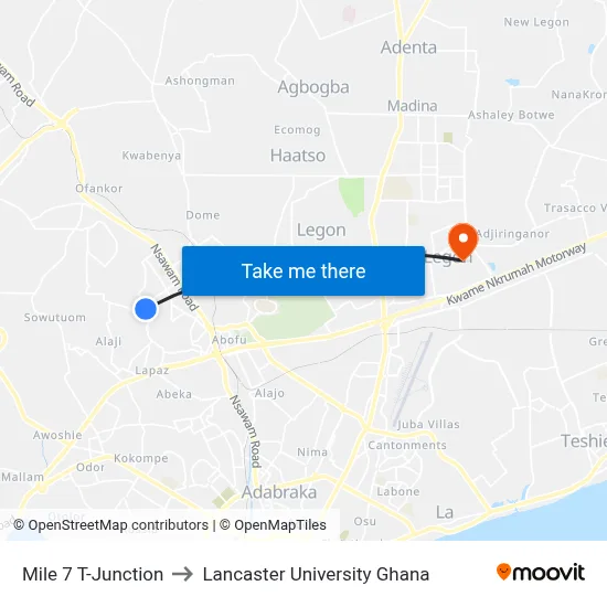 Mile 7 T-Junction to Lancaster University Ghana map