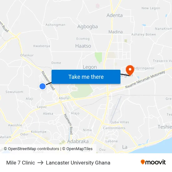 Mile 7 Clinic to Lancaster University Ghana map