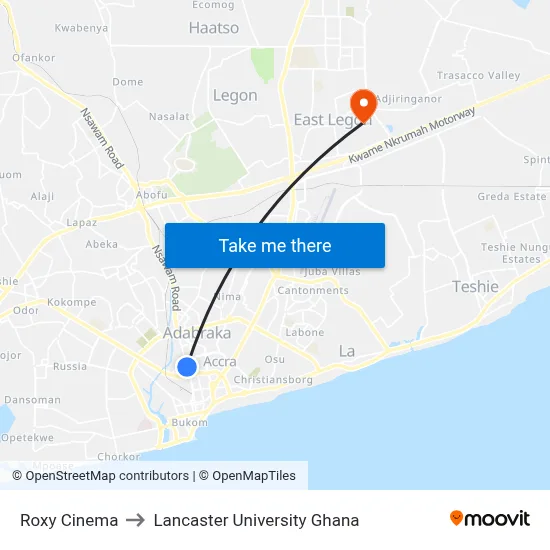 Roxy Cinema to Lancaster University Ghana map