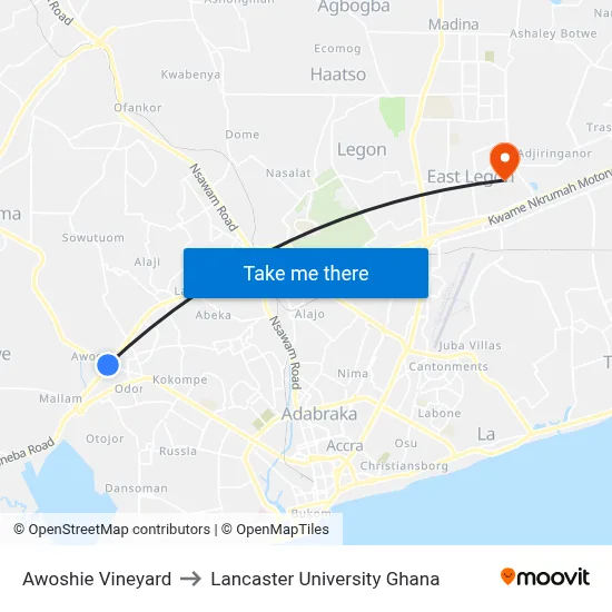 Awoshie Vineyard to Lancaster University Ghana map