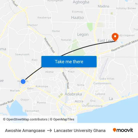 Awoshie Amangoase to Lancaster University Ghana map