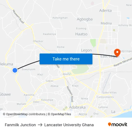 Fanmilk Junction to Lancaster University Ghana map