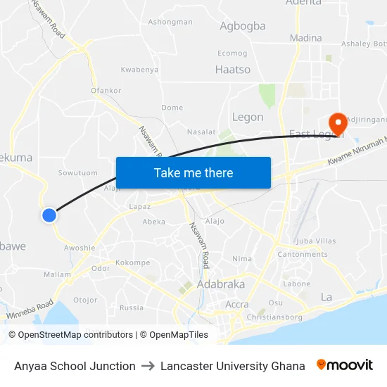 Anyaa School Junction to Lancaster University Ghana map