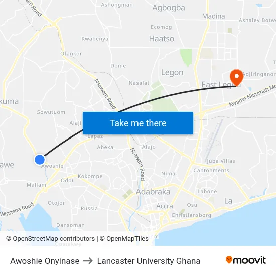 Awoshie Onyinase to Lancaster University Ghana map