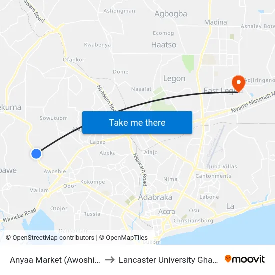 Anyaa Market (Awoshie) to Lancaster University Ghana map