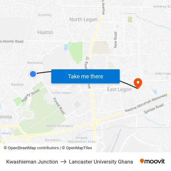 Kwashieman Junction to Lancaster University Ghana map