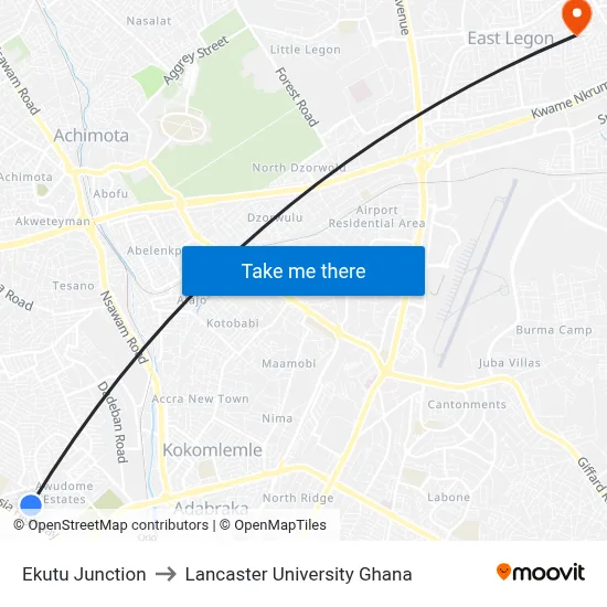 Ekutu Junction to Lancaster University Ghana map
