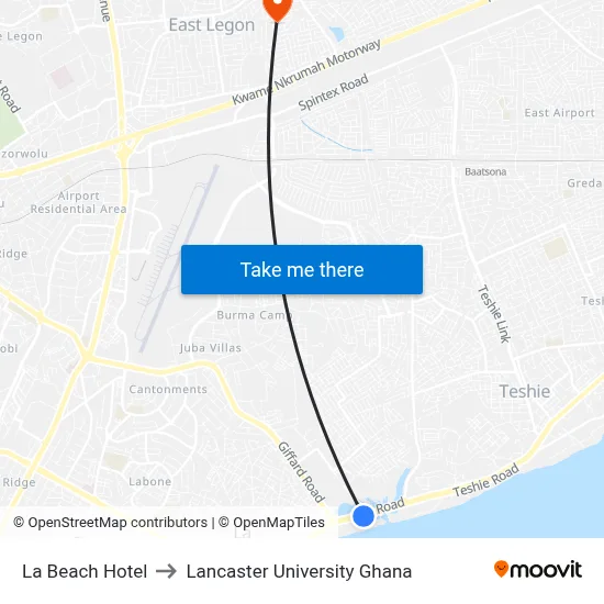 La Beach Hotel to Lancaster University Ghana map