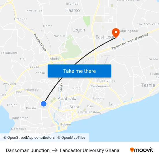 Dansoman Junction to Lancaster University Ghana map