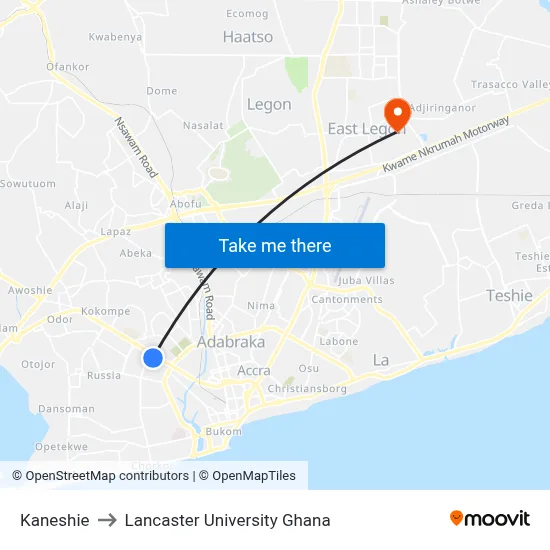 Kaneshie to Lancaster University Ghana map