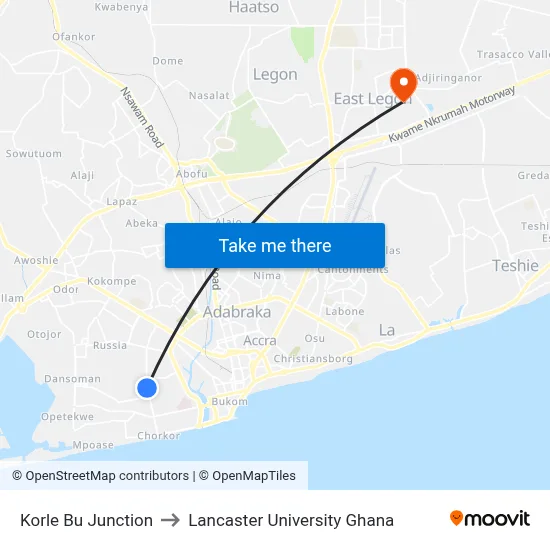 Korle Bu Junction to Lancaster University Ghana map