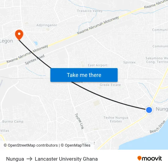Nungua to Lancaster University Ghana map