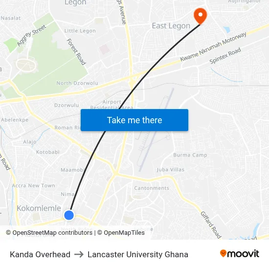 Kanda Overhead to Lancaster University Ghana map