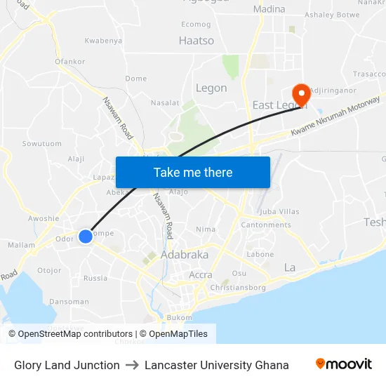 Glory Land Junction to Lancaster University Ghana map