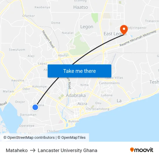 Mataheko to Lancaster University Ghana map