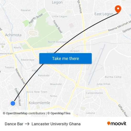 Dance Bar to Lancaster University Ghana map