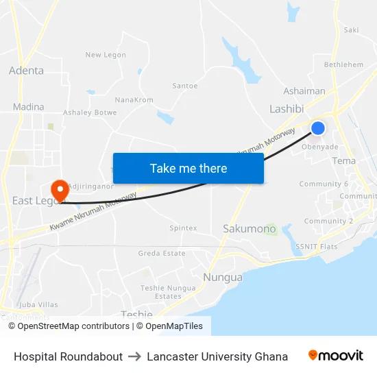 Hospital Roundabout to Lancaster University Ghana map