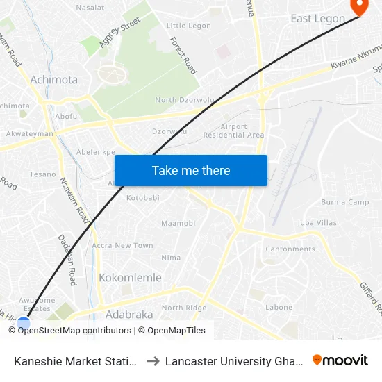 Kaneshie Market Station to Lancaster University Ghana map