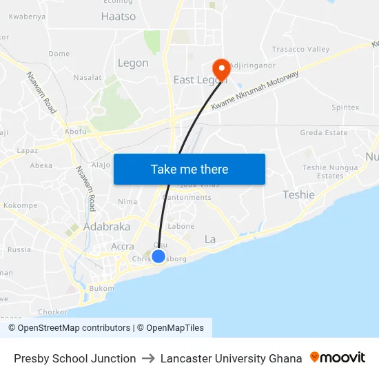 Presby School Junction to Lancaster University Ghana map