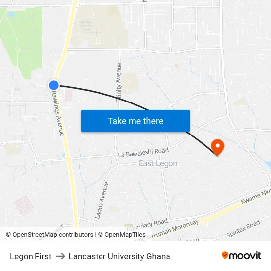 Legon First to Lancaster University Ghana map
