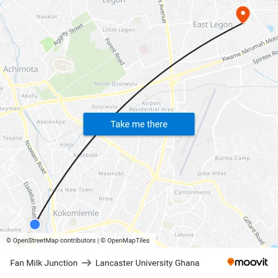 Fan Milk Junction to Lancaster University Ghana map