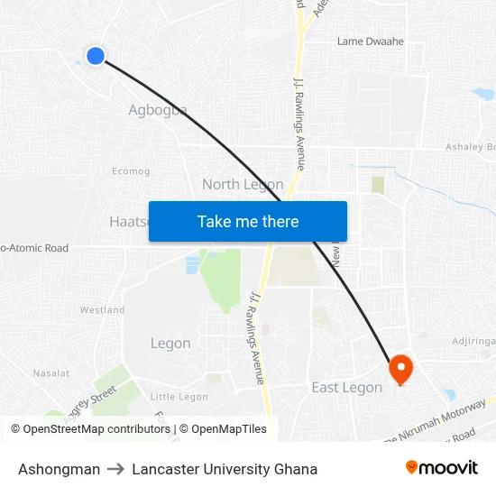 Ashongman to Lancaster University Ghana map