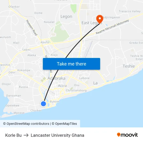 Korle Bu to Lancaster University Ghana map