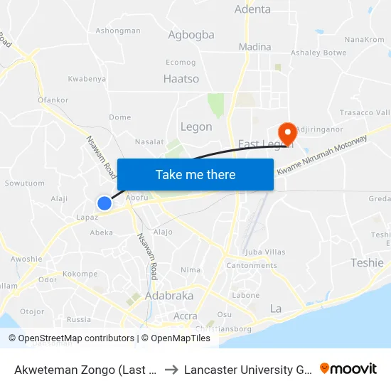 Akweteman Zongo (Last Stop) to Lancaster University Ghana map