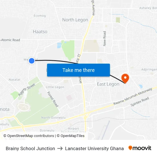 Brainy School Junction to Lancaster University Ghana map