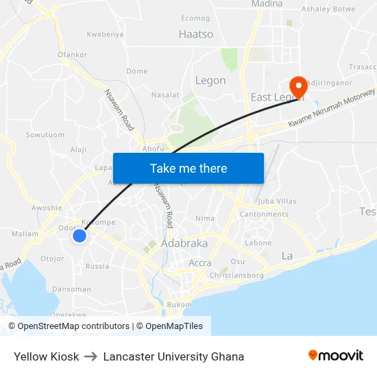 Yellow Kiosk to Lancaster University Ghana map