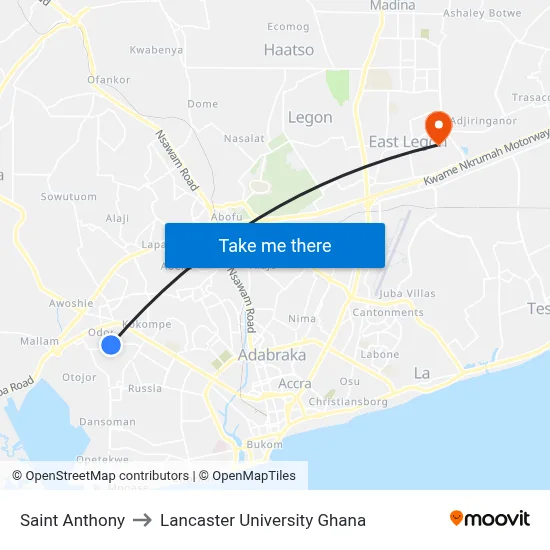 Saint Anthony to Lancaster University Ghana map