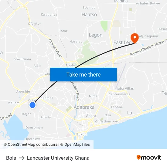 Bola to Lancaster University Ghana map