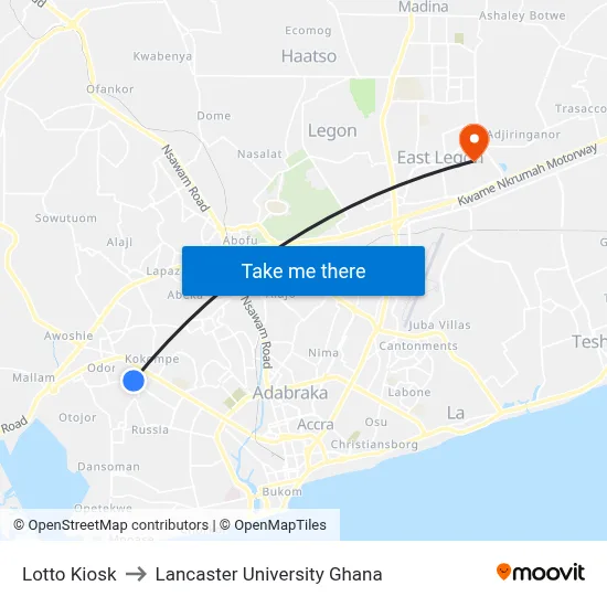 Lotto Kiosk to Lancaster University Ghana map
