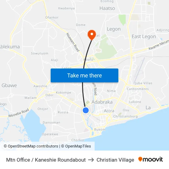 Mtn Office / Kaneshie Roundabout to Christian Village map