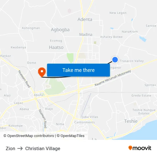 Zion to Christian Village map