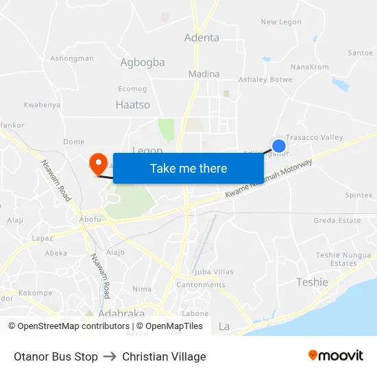 Otanor Bus Stop to Christian Village map
