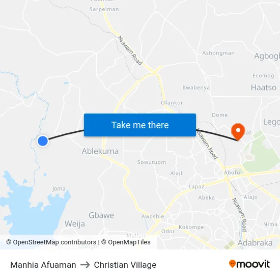 Manhia Afuaman to Christian Village map