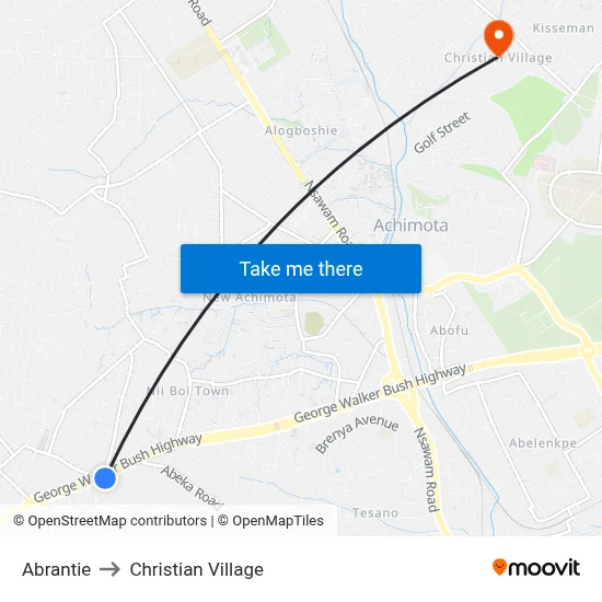 Abrantie to Christian Village map