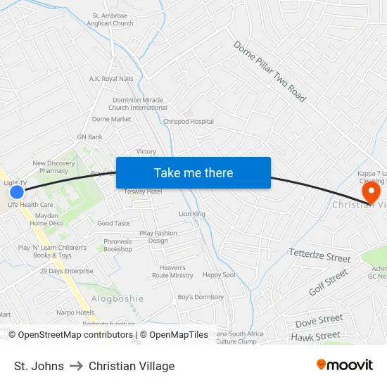 St. Johns to Christian Village map
