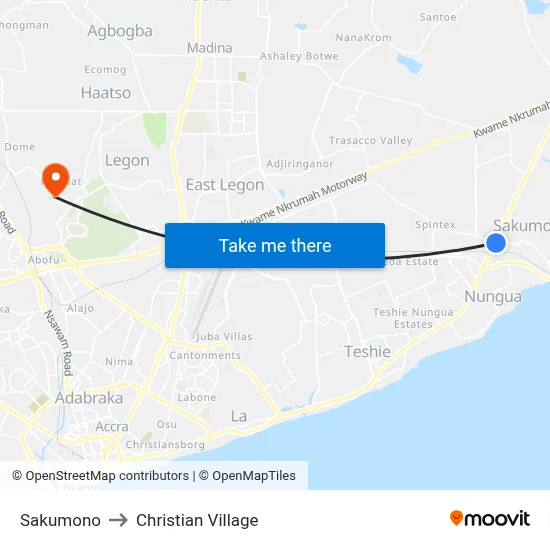 Sakumono to Christian Village map
