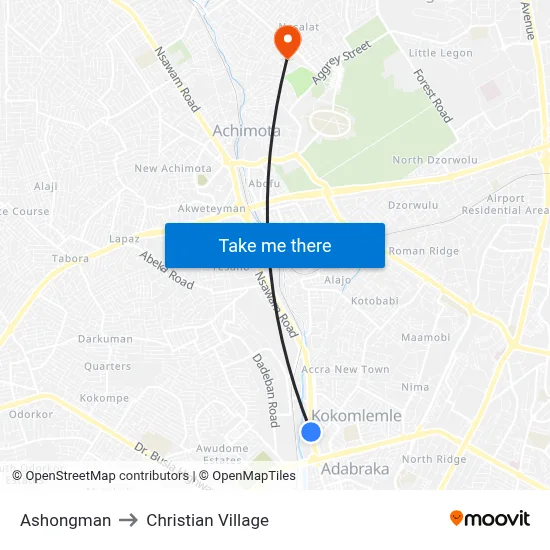 Ashongman to Christian Village map