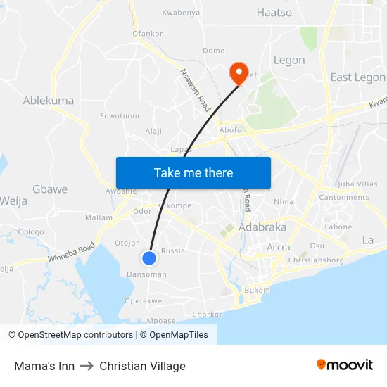 Mama's Inn to Christian Village map