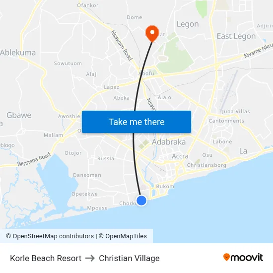 Korle Beach Resort to Christian Village map