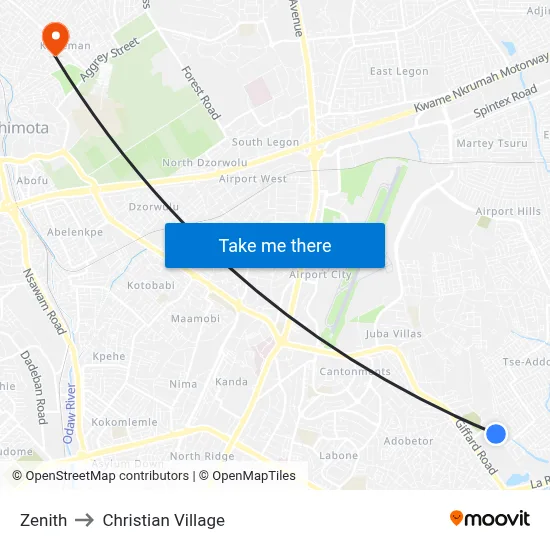 Zenith to Christian Village map