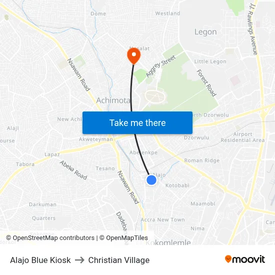 Alajo Blue Kiosk to Christian Village map