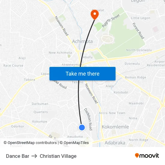 Dance Bar to Christian Village map